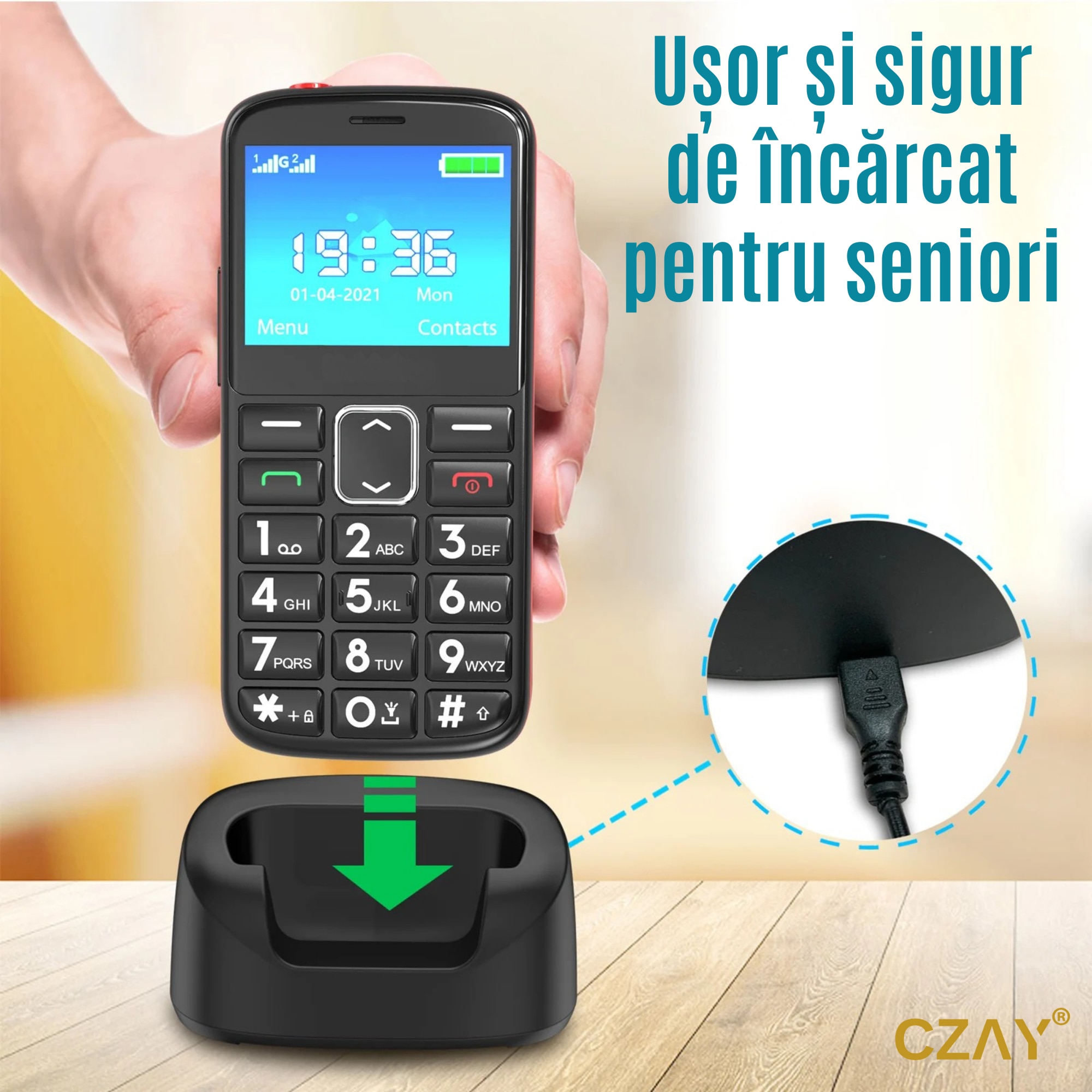 Telefon Mobil Seniori cu Taste Mari CZAY®, Meniu in Limba Romana, Ecran LCD Generos, Color, Camera Foto, Autonomie 7 Zile, Volum Puternic Reglabil, Buton SOS, 2G, Dual Sim, Usor de Folosit pentru Varstnici, Pensionari si Bunici, Lanterna, Radio, Rezistent
