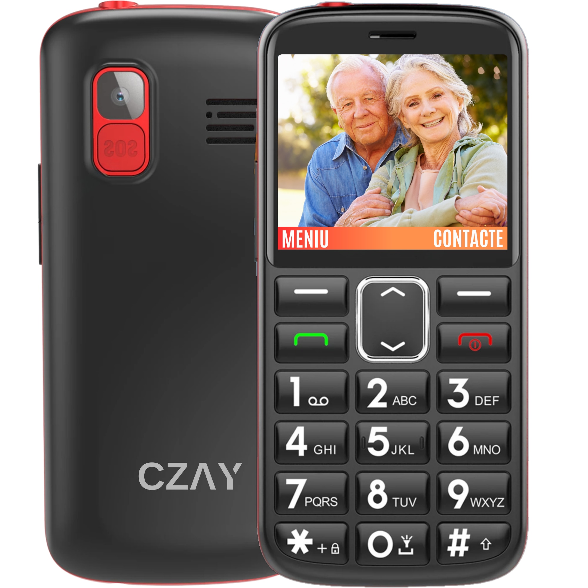 Telefon Mobil Seniori cu Taste Mari CZAY®, Meniu in Limba Romana, Ecran LCD Generos, Color, Camera Foto, Autonomie 7 Zile, Volum Puternic Reglabil, Buton SOS, 2G, Dual Sim, Usor de Folosit pentru Varstnici, Pensionari si Bunici, Lanterna, Radio, Rezistent