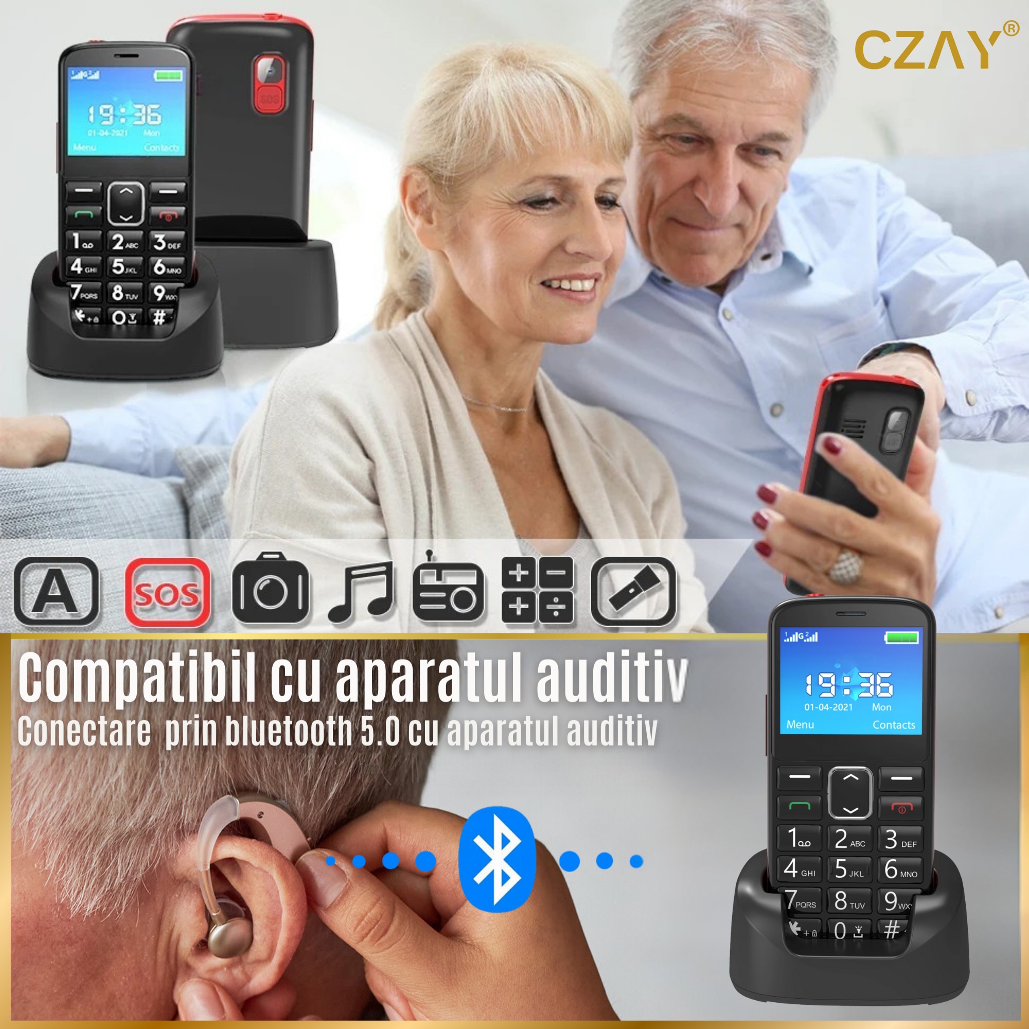 Telefon Mobil Seniori cu Taste Mari CZAY®, Meniu in Limba Romana, Ecran LCD Generos, Color, Camera Foto, Autonomie 7 Zile, Volum Puternic Reglabil, Buton SOS, 2G, Dual Sim, Usor de Folosit pentru Varstnici, Pensionari si Bunici, Lanterna, Radio, Rezistent