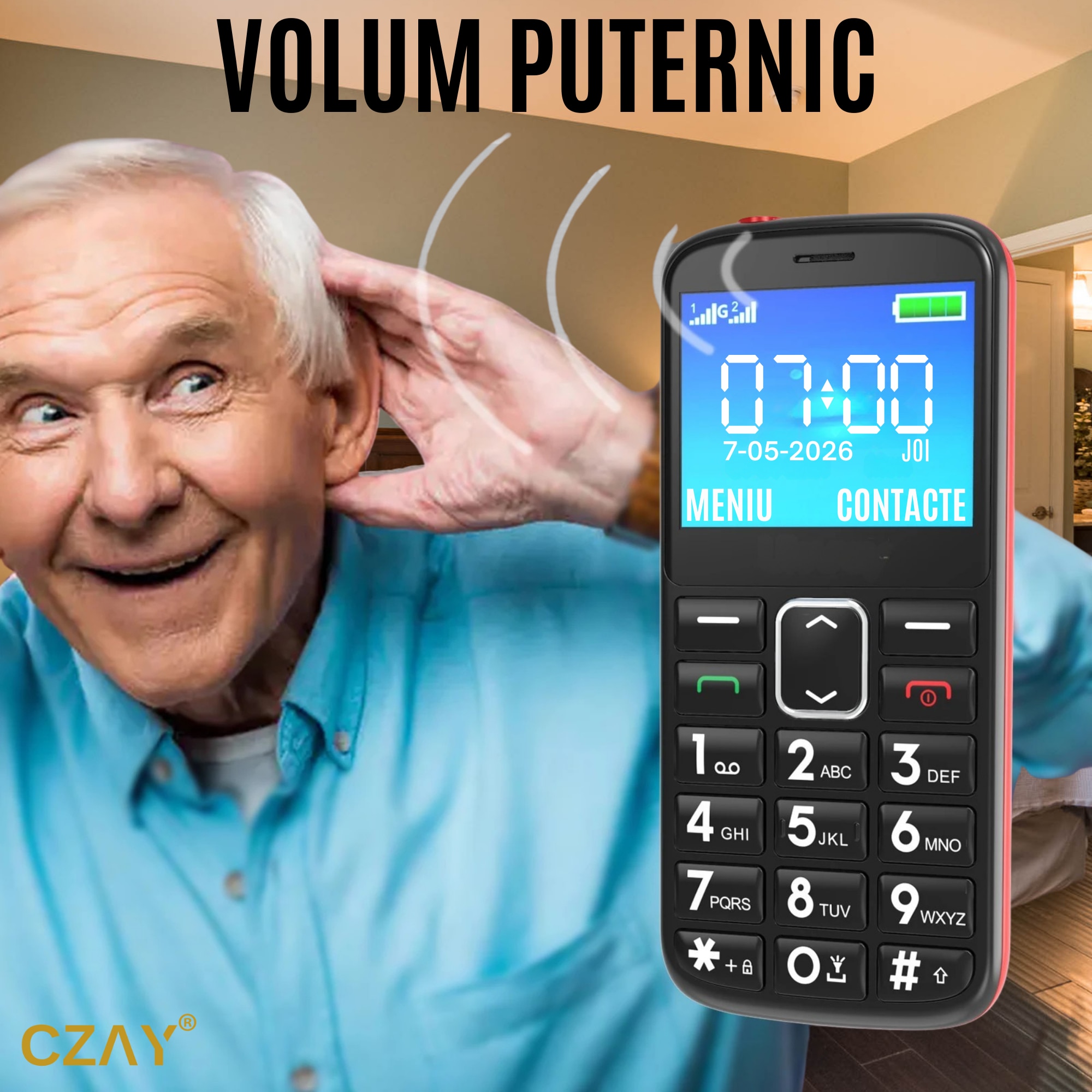 Telefon Mobil Seniori cu Taste Mari CZAY®, Meniu in Limba Romana, Ecran LCD Generos, Color, Camera Foto, Autonomie 7 Zile, Volum Puternic Reglabil, Buton SOS, 2G, Dual Sim, Usor de Folosit pentru Varstnici, Pensionari si Bunici, Lanterna, Radio, Rezistent