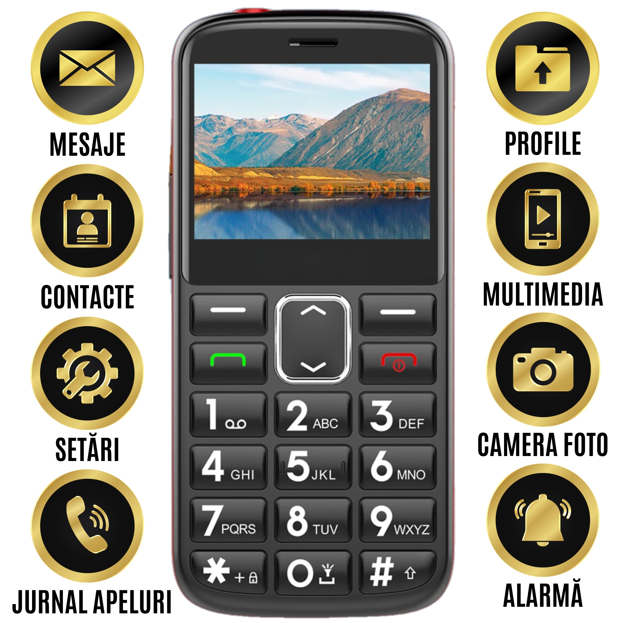 Telefon Mobil Seniori cu Taste Mari CZAY®, Meniu in Limba Romana, Ecran LCD Generos, Color, Camera Foto, Autonomie 7 Zile, Volum Puternic Reglabil, Buton SOS, 2G, Dual Sim, Usor de Folosit pentru Varstnici, Pensionari si Bunici, Lanterna, Radio, Rezistent