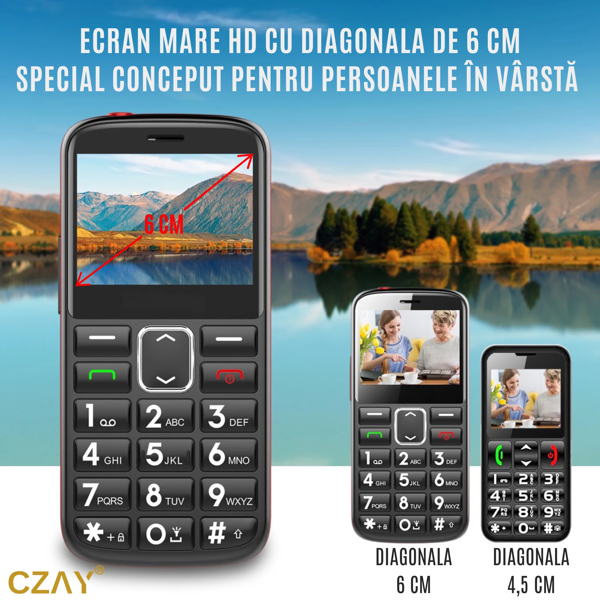 Telefon Mobil Seniori cu Taste Mari CZAY®, Meniu in Limba Romana, Ecran LCD Generos, Color, Camera Foto, Autonomie 7 Zile, Volum Puternic Reglabil, Buton SOS, 2G, Dual Sim, Usor de Folosit pentru Varstnici, Pensionari si Bunici, Lanterna, Radio, Rezistent