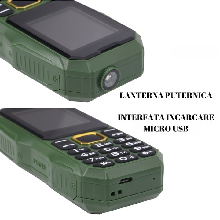Telefon militar rezistent, dual sim, baterie puternica 13000 mAh, display color, lanterna, rezistent la socuri, verde