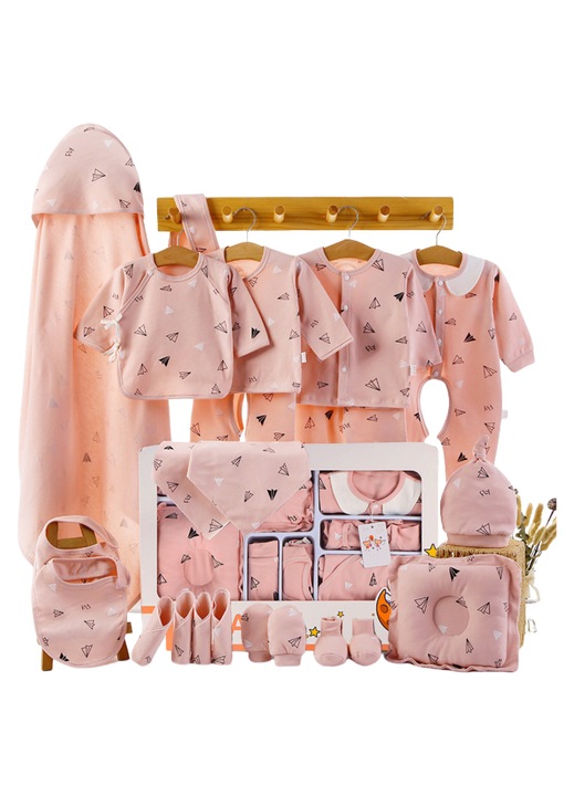 Set Premium Hainute Nou-Nascut, 22 Articole Esentiale, Imbracaminte si Accesorii, Bumbac 100% Natural, Cutie Cadou Bebelus, Marime 50-62 cm, Primavara/Vara, Culoare Roz Pastel