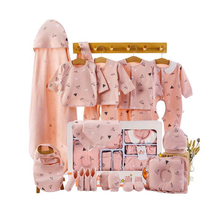 Комплект дрехи за новородено Premium, 22 основни артикула, дрехи и аксесоари, 100% естествен памук, подаръчна кутия за бебе, размер 50-62 см, пролет/лято, пастелно розов цвят
