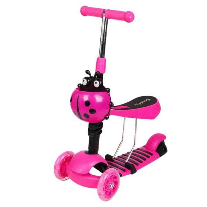 Trotineta Mercaton, Model Buburuza, Maner Anti-Alunecare, Roti Spuma EVA cu Luminite LED, Sezut Reglabil, Maxim 20, 59 x 26 x 75 cm, Roz