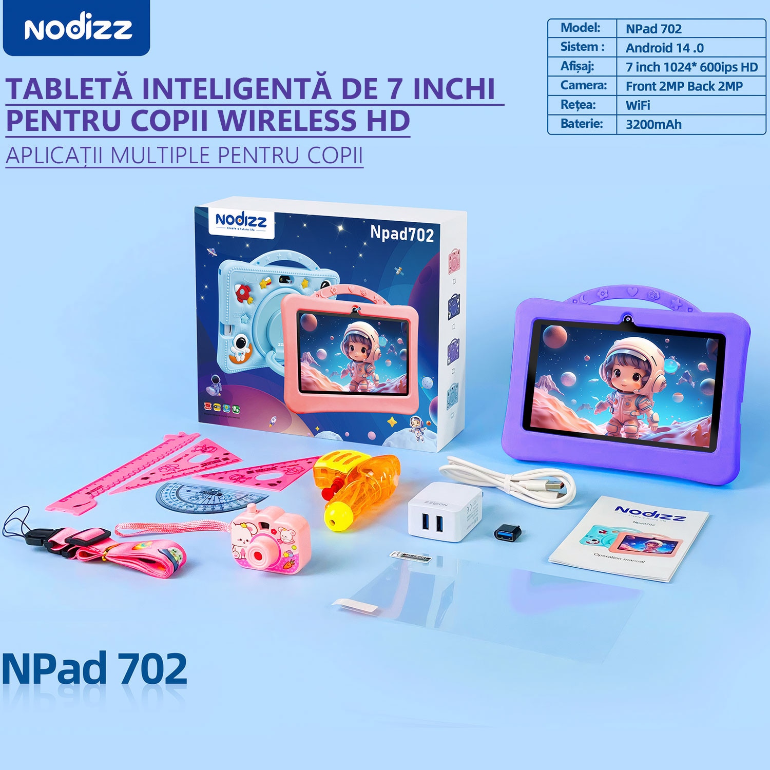 Tableta pentru Copii 7 Inch Android 14 - 4GB RAM, 128GB, Control Parental, Ecran HD 1024x600, Aplicatii Educationale, Software Preinstalat pentru Copii, Suporta, 1024 x 600 Fara SIM 7 inch 128 GB
