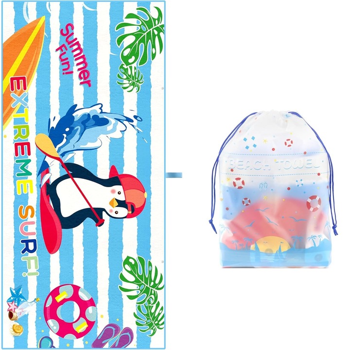 Gyermek mikroszálas strand / medence / fürdőszoba törölköző, Penguin Design, tárolótáskával, 150 x 70 cm, kék