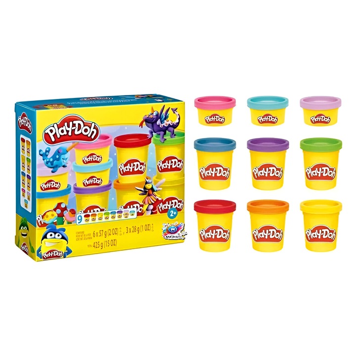 Комплект пластелин ANGMAD, Play-Doh, 9 контейнера, общо количество: 425g (6x 57g, 3x28g), многоцветен, минимална препоръчителна възраст: 2+ години