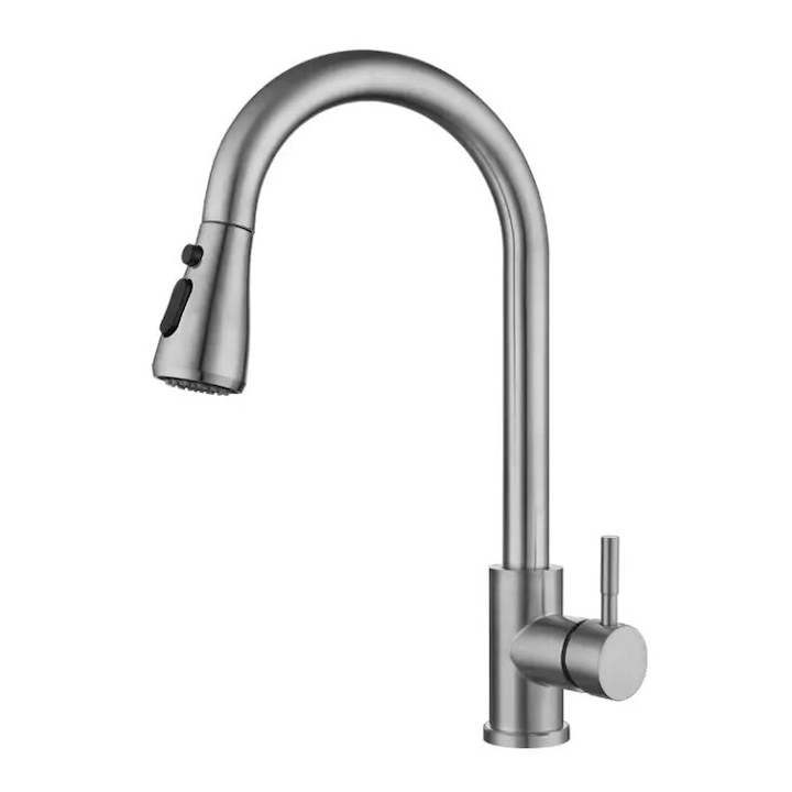 Смесител за кухненска мивка, CDV PRODUCTS® Premium Class 1, с изтеглящ се душ, висок чучур, керамичен патрон, единичен контрол, бутон за включване/изключване, 2 вида струи, включени връзки, неръждаема стомана, полиран никел
