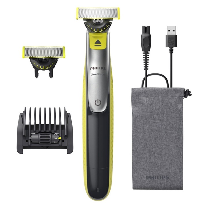 Philips OneBlade 360 QP2734/31 Hibrid borotva és szakállvágó, 5 az 1-ben állítható fésű, újratölthető, nedves és száraz, 60 perc, USB-A, burkolat, védőburkolat, további cserélhető 360 fokos penge, lime zöld