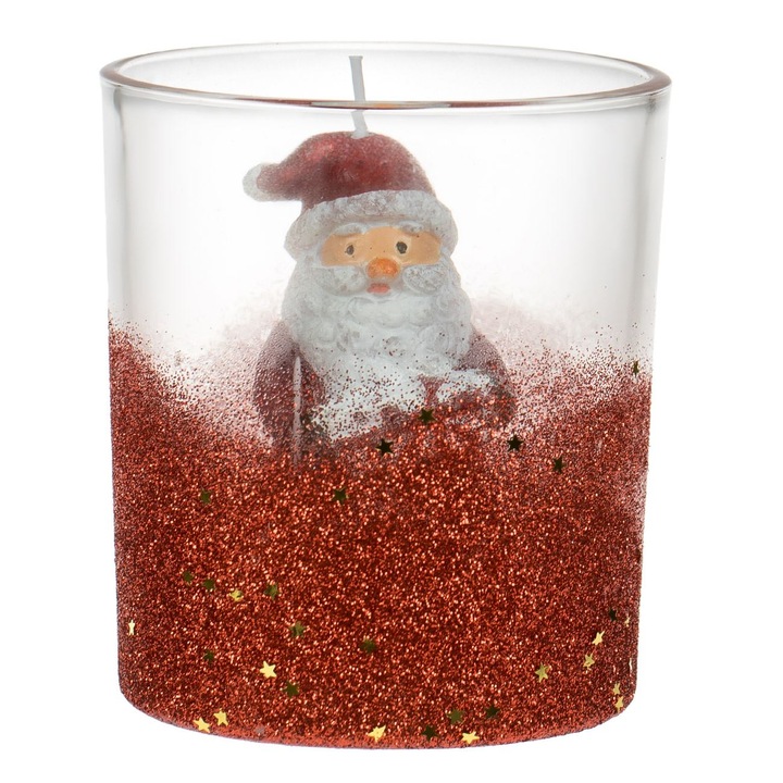 Lumanare Craciun, Figurativa, Mos Craciun, Glitter, Pahar Sticla, 9x10cm, Rosu, MYONNA IT & E- COMMERCE ®