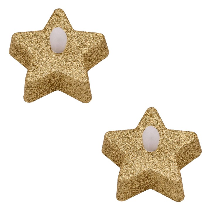 Lumanari LED de Craciun Stele Aurii cu Glitter Lumina Calda 5.5x5.5x4.5cm - 2buc