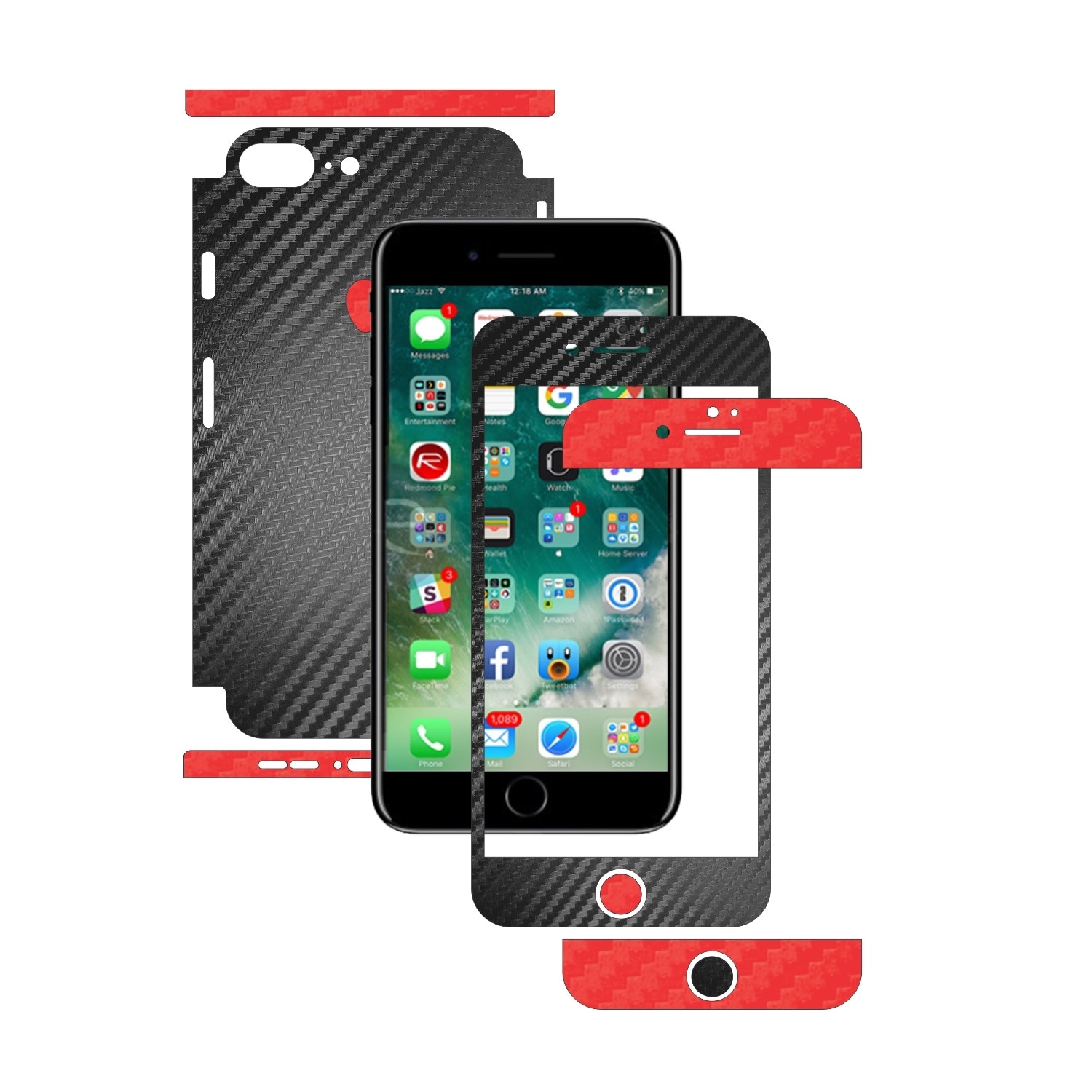Folie de protectie Full Body Carbon Skinz, Acoperire Totala, Two Tone Negru / Rosu dedicata Apple iPhone 8 + Plus