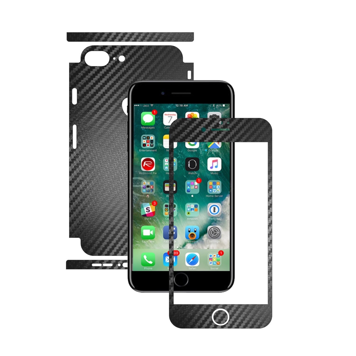 1 + 1 GRATUIT - Apple iPhone 8 + Plus - Carbon Negru - Folie de protectie Carbon Skinz, Husa Full Body Cover de tip Skin Adeziv pentru Rama Ecran,Carcasa Spate si Laterale