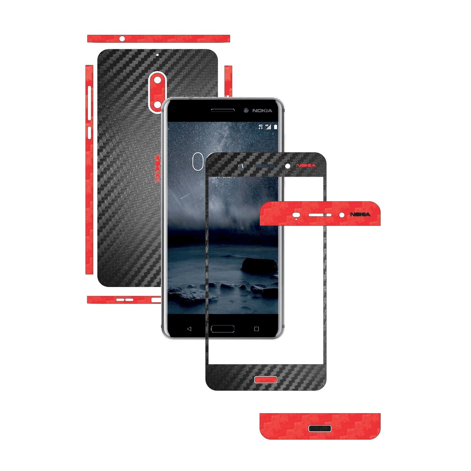 Folie de protectie Full Body Carbon Skinz, Acoperire Totala, Two Tone Negru / Rosu dedicata Nokia 6