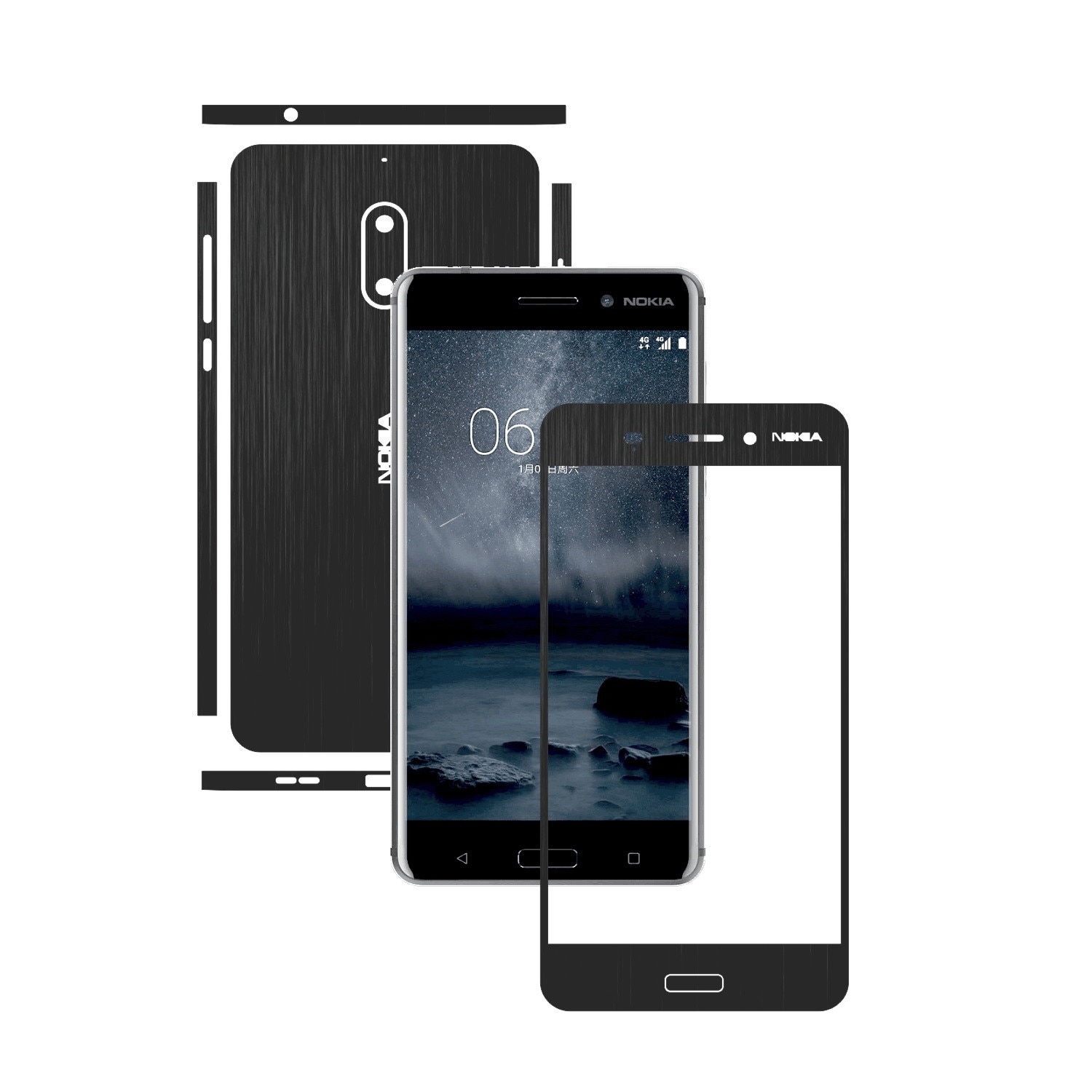 1 + 1 GRATUIT - Nokia 6 - Brushed Negru - Folie de protectie Carbon Skinz, Husa Full Body Cover de tip Skin Adeziv pentru Rama Ecran,Carcasa Spate si Laterale