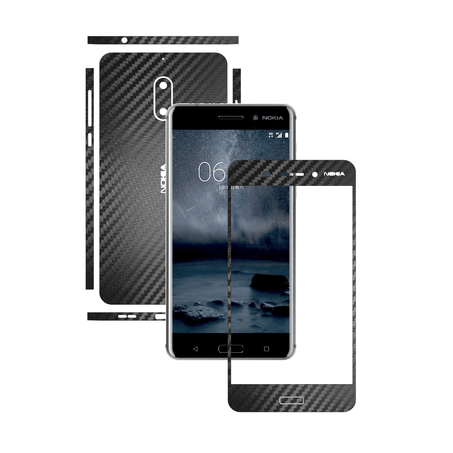 1 + 1 GRATUIT - Nokia 6 - Carbon Negru - Folie de protectie Carbon Skinz, Husa Full Body Cover de tip Skin Adeziv pentru Rama Ecran,Carcasa Spate si Laterale