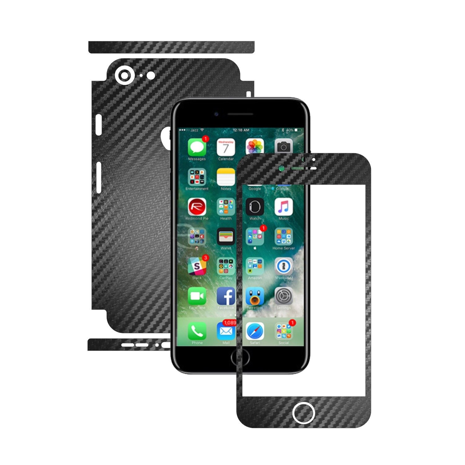 1 + 1 GRATUIT - Apple iPhone 8 - Carbon Negru - Folie de protectie Carbon Skinz, Husa Full Body Cover de tip Skin Adeziv pentru Rama Ecran,Carcasa Spate si Laterale