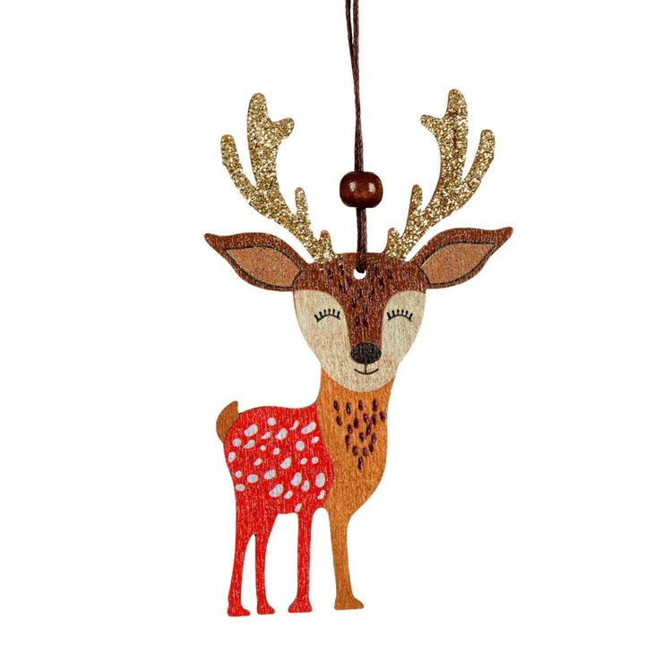 Ornament de craciun din lemn cerb cu glitter bej sampanie 11cm
