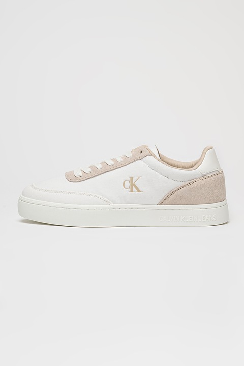 CALVIN KLEIN JEANS, Vászoncipő nyersbőr betétekkel, Világosszürke/Fehér