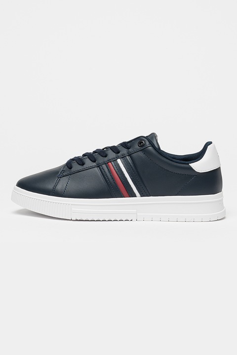 Tommy Hilfiger, Pantofi sport din piele Modern Cupsole, Alb/Visiniu/Albastru ultramarin