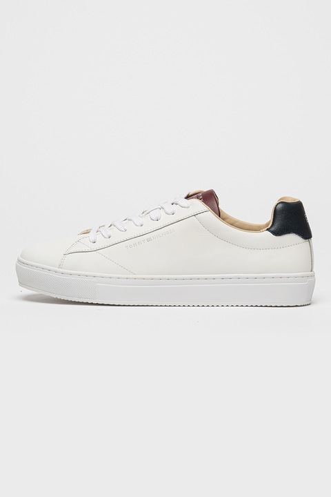 Tommy Hilfiger, Pantofi sport low-cut din piele Premium Cupsole, Alb/Visiniu/Albastru ultramarin