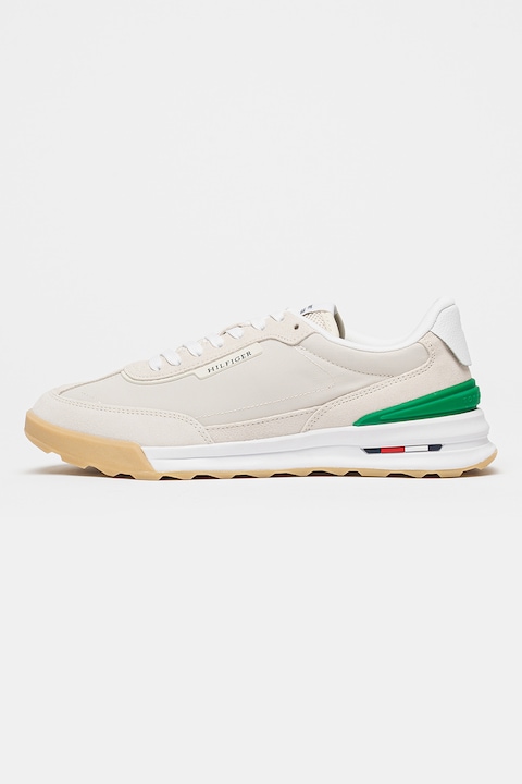 Tommy Hilfiger, Pantofi sport cu insertii din piele intoarsa Retro Runner, Verde/Maro nisip