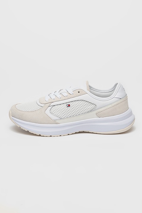 Tommy Hilfiger, Nyersbőr sneaker textil betétekkel, Fehér/Világosszürke