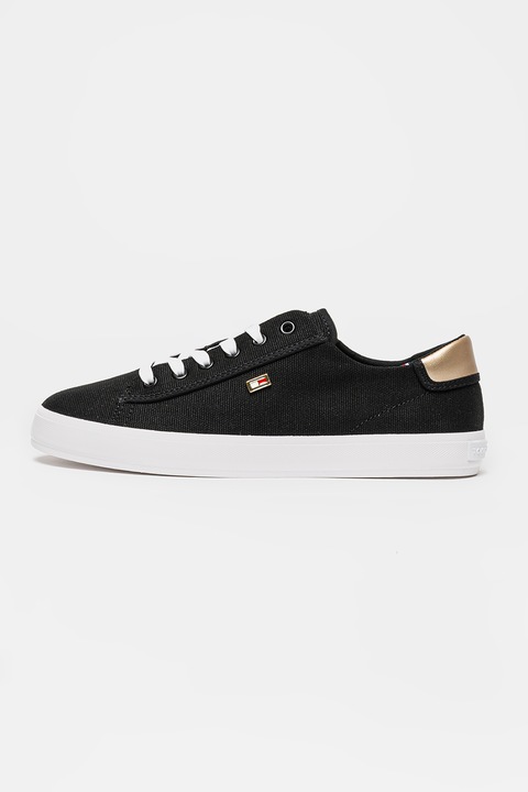 Tommy Hilfiger, Pantofi sport din bumbac cu detalii aurii, Auriu/Negru