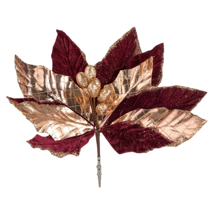 Floare Decorativa Craciunita cu Clips Catifelata Bordo Bej Glitter 32cm