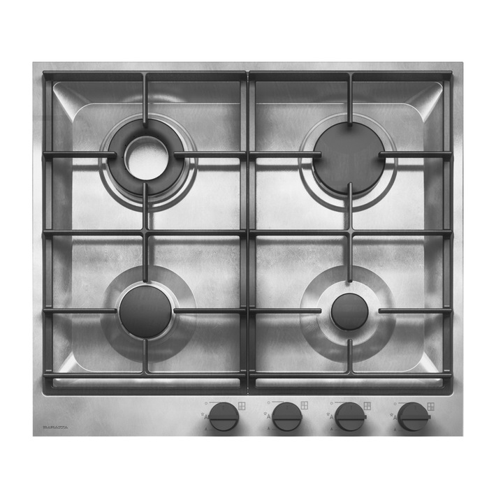 Газов котлон за вграждане Barazza, 60 см, 4 котлона, колекция B_Free Vintage, електрическо запалване, здрава чугунена скара, въртящи се превключватели, неръждаема стомана, сатенирано покритие, лесно почистване, модерен дизайн, неръждаема стомана