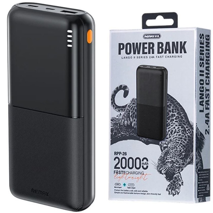 Külső akkumulátor 20 000 mAh, Remax RPP-26, USB + Type-C + MicroUSB, LED visszajelző, fekete