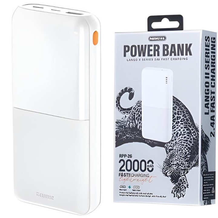 Külső akkumulátor 20 000 mAh, Remax RPP-26, USB + Type-C + MicroUSB, LED visszajelző, fehér