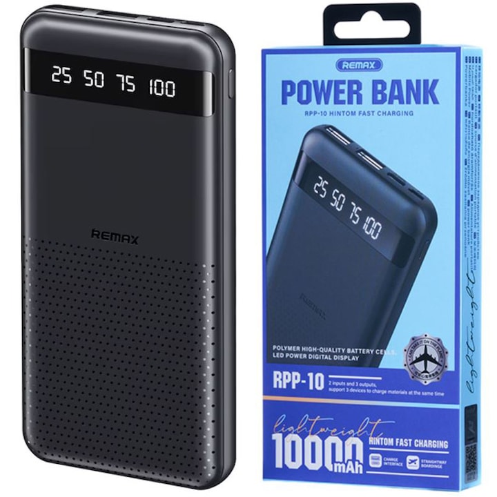 Powerbank Remax RPP-10, Akkumulátor 10 000 mAh, Portok 2 x USB + Type-C + MicroUSB, LED kijelző, Fekete