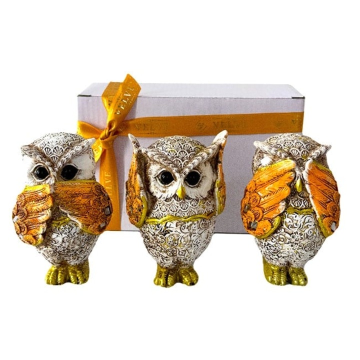 Set 3 Figurine Decorative, Bufnitele "Nu aud, Nu vad, Nu vorbesc", Auriu, 10x5cm