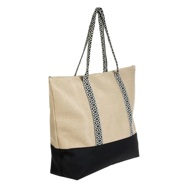 OEM Bézs táska fekete-fehér csíkos geometriai formák mintás fekete alappal strandhoz 55,5x14x42 cm