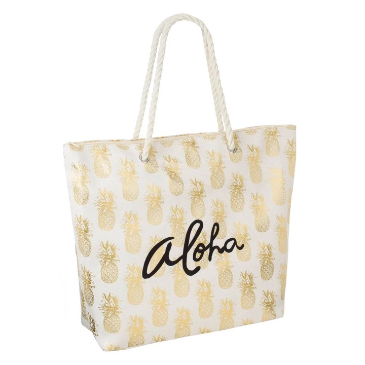 Geanta Bej Ananasi Aurii "Aloha" pentru Plaja 55x15x42cm
