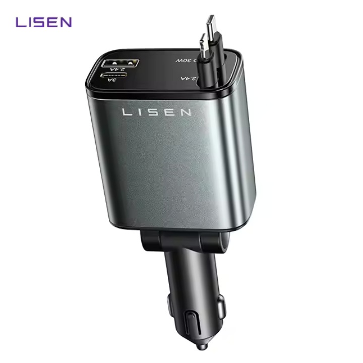 Incarcator auto Super Fast Charge 4 in 1 LISEN, 100 W, Cablu Retractabil Type-C + Lightning, Mufa USB, USB-C
