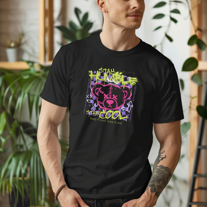 Мъжка тениска с мече Keep Cool, Keep It Real, Stay Humble, Stay Cool, 100% памук, черен, S INTL