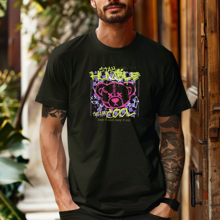 Мъжка тениска с мече Keep Cool, Keep It Real, Stay Humble, Stay Cool, 100% памук, черен, S INTL