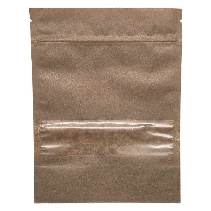 Set 100 Pungi stand-up, hartie kraft, cu fereastra si ziplock, 180x240mm