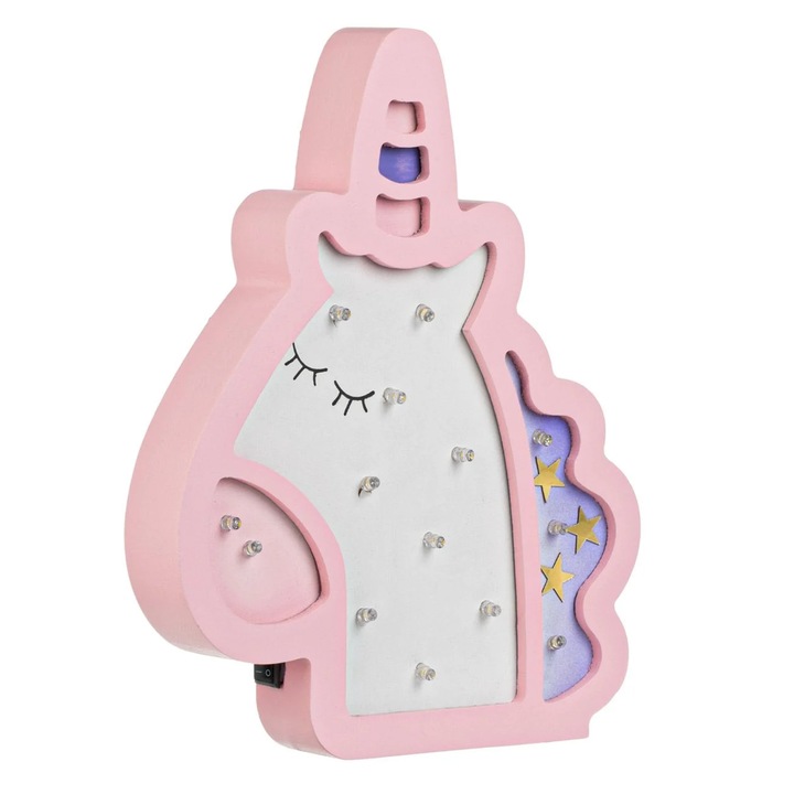 Lampa din Lemn Unicorn Roz Alb cu Becuri LED pentru Copii 20x3x24cm