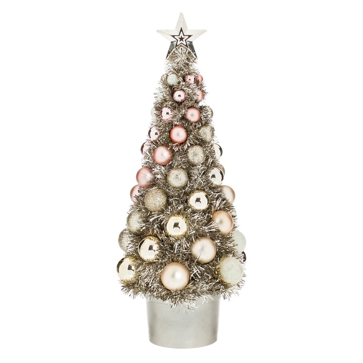 Brad Decorativ de Craciun Bej Sampanie Tinsel cu Globuri Roz Bej Sampanie 40cm