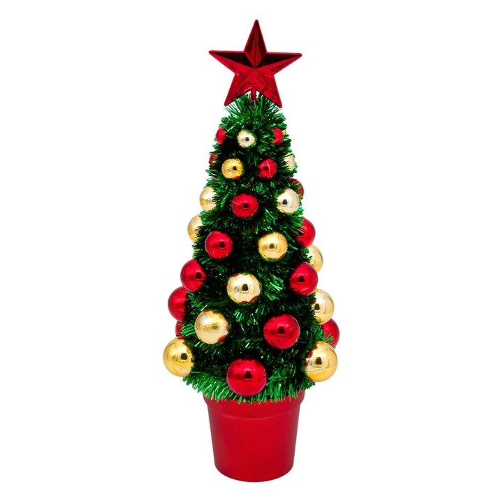 Brad Decorativ Craciun, Tinsel, Globuri Aurii si Rosii, 31 cm, Multicolor, MYONNA IT & E- COMMERCE ®