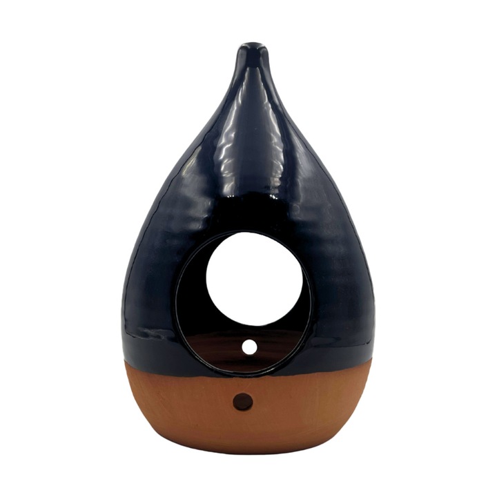 Hranitor din ceramica pentru pasari, LUTOYA, artizanal, din ceramica, lut, natural, decorativ, pentru sezonul rece, Albastru inchis Maro