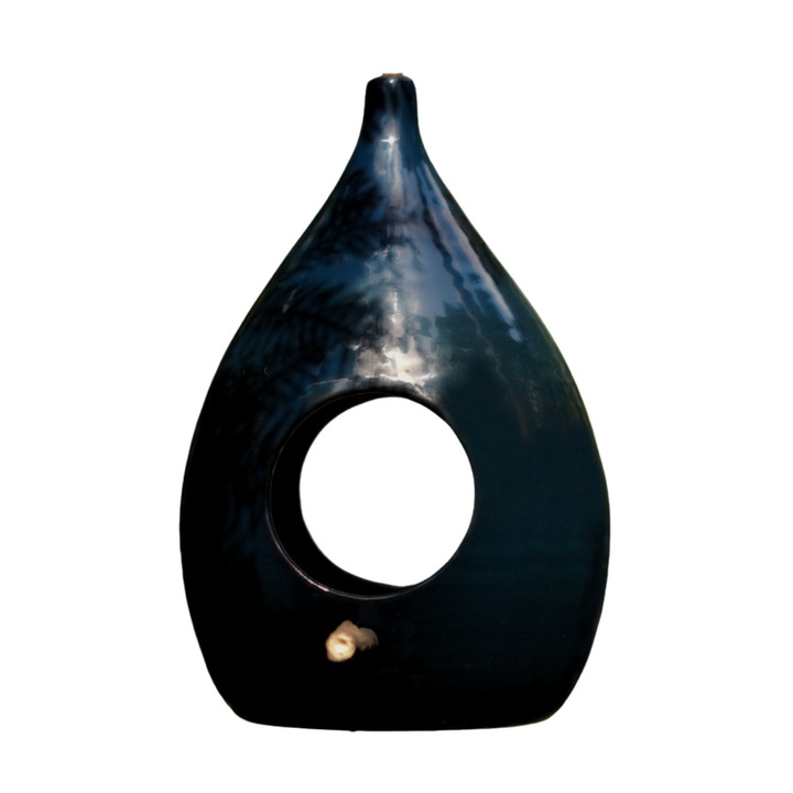 Hranitor din ceramica pentru pasari, LUTOYA, artizanal, din ceramica, lut, natural, decorativ, pentru sezonul rece, Albastru inchis