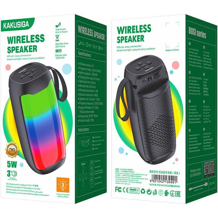 Boxa Portabila Kaku (KSC-822), Wireless BT 5.0, 1.5W, 1200mAh, TF card, Ambient Light, Black