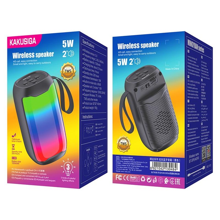 Boxa Portabila Kaku (KSC-823), Wireless BT 5.0, 1.5W, 1200mAh, TF card, Ambient Light, Black