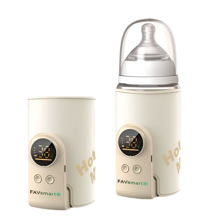 Преносим нагревател за бутилки FAVsmart® K6, 8000 mAh, 6 температурни настройки (38–50°C), LCD екран, нощна светлина, постоянно нагряване, удължен живот на батерията, 18 W бързо зареждане, компактен дизайн, бежов
